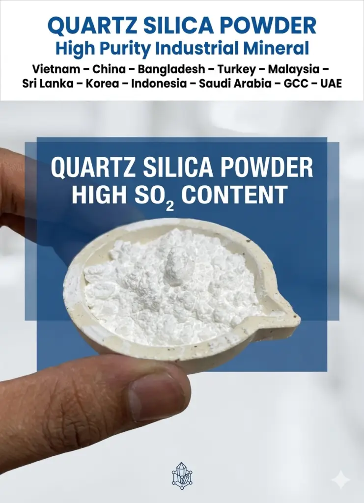 Premium certified high-purity quartz powder and silica lumps showcasing high-translucency crystalline structure for glass and engineered stone manufacturing by Aalok Overseas India.