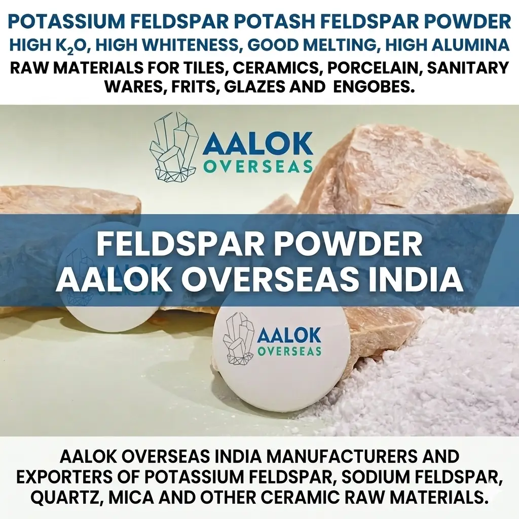 Premium 200 mesh potassium feldspar mineral powder showcasing high-whiteness texture for ceramic body, glazes, and glass manufacturing by supplier Aalok Overseas India.