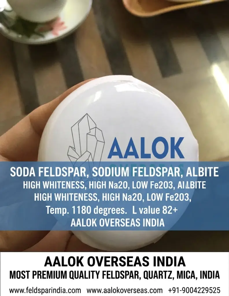 Premium high-whiteness soda feldspar sodium albite minerals showcasing bright crystalline texture for ceramic bodies and vitrified tile manufacturing by Aalok Overseas India.